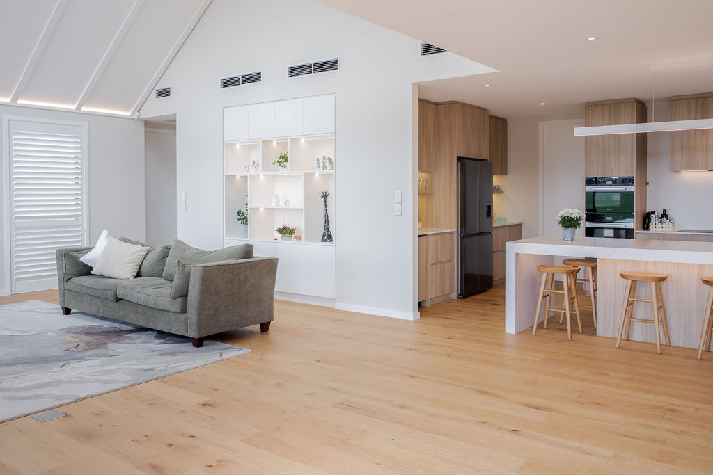 Open-plan living, dining and kitchen in a new build home by Mt Hutt Construction